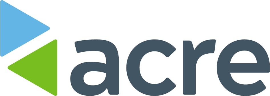 Logo featuring the word "acre" in lowercase gray letters with a green left-pointing arrow overlapping a blue right-pointing arrow above the letter 'a', symbolizing dedicated workspace. An image from EDGE Workspaces.