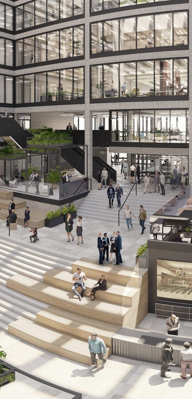 Ein vertikales Bild eines belebten mehrstöckigen Coworking-Büro-Atriums mit Menschen, die herumlaufen und sich unterhalten. Mit Sitzstufen, Zimmerpflanzen und transparenten Bürotrennwänden in einem modernen Architekturstil mit reichlich Platz. An image from EDGE Workspaces.