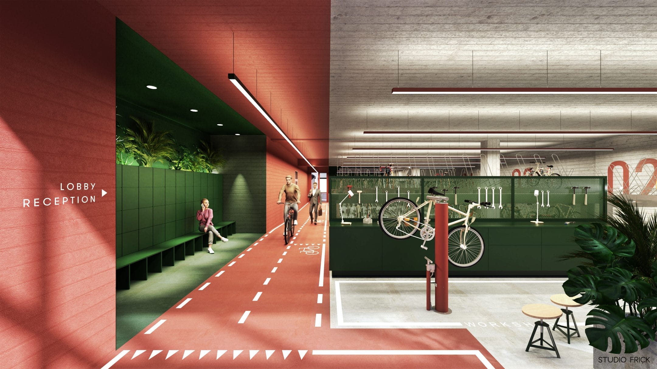 A modern lobby with a red running track leading to a green reception desk, bicycle on the wall, and potted plants. People are walking and conversing about coworking memberships, beneath stylish lighting and An image from EDGE Workspaces.