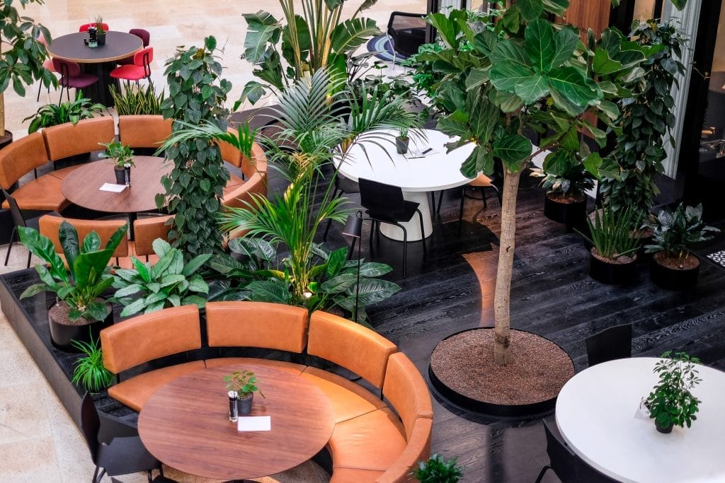 Sustainable office building with eco-friendly materials and renewable energy solutions.