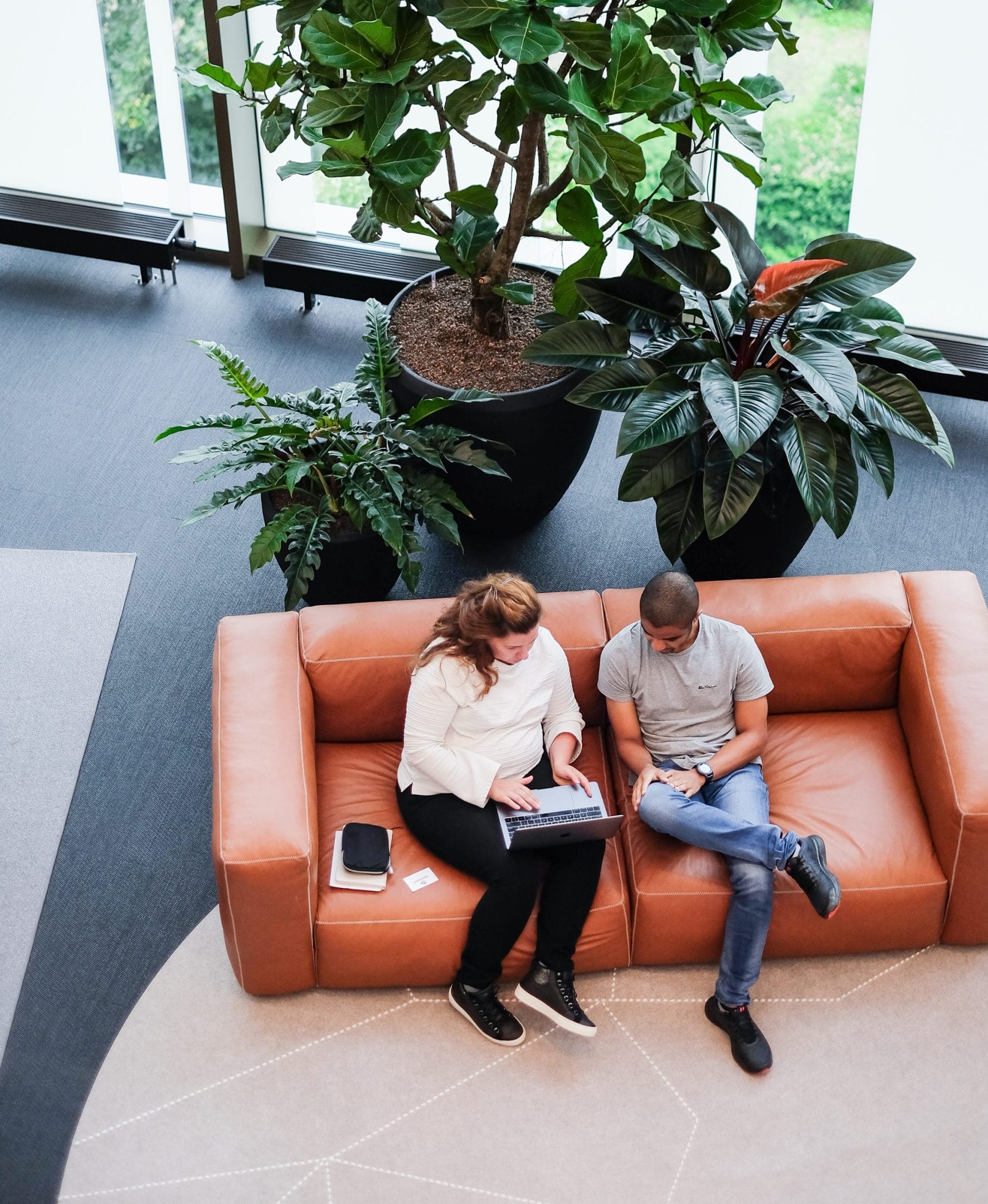 Zwei Personen, eine Frau und ein Mann, sitzen auf einem großen orangefarbenen Sofa in einer modernen Bürolobby und diskutieren vertieft über einen Laptop. Eine große Topfpflanze verleiht dem Ganzen einen Hauch An image from EDGE Workspaces.