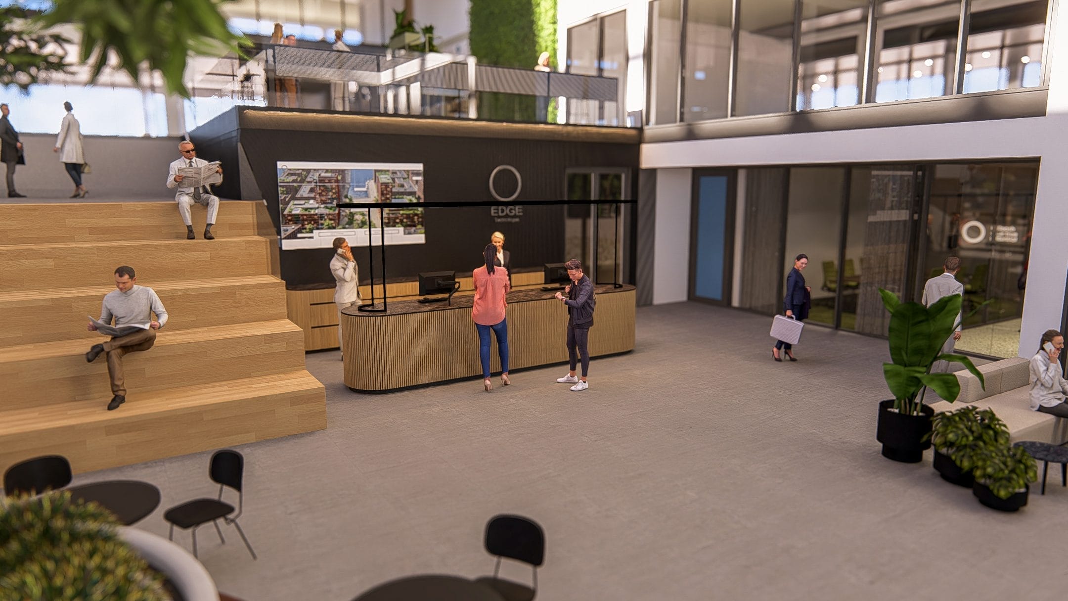 A 3D render of a modern coworking lobby with a central reception desk, tiered wooden seating, and scattered green plants. Various people, including a receptionist and visitors, populate the space An image from EDGE Workspaces.