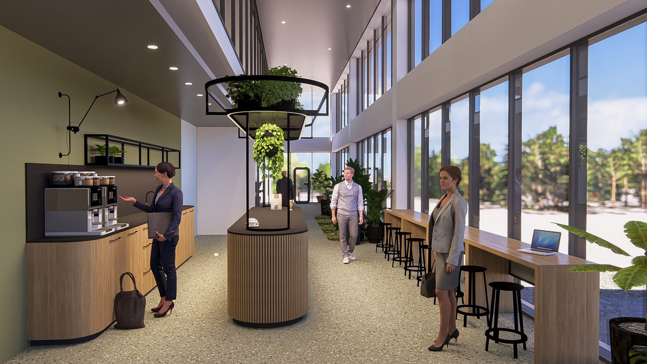 A modern office break room featuring large windows, a coffee station, and a seating area. Three people are casually moving through the space, which also serves as a dedicated workspace filled with natural light and green An image from EDGE Workspaces.
