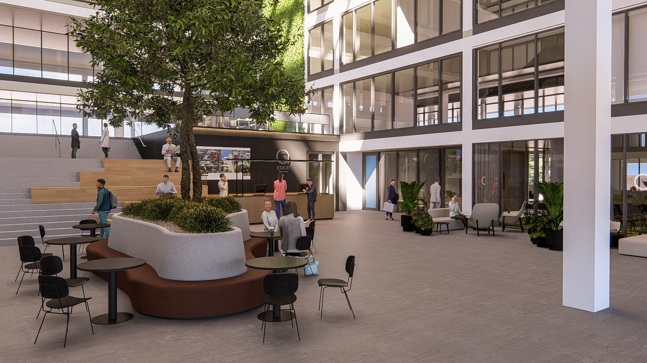 The image showcases a modern coworking office atrium with ample natural light. Features include various seating areas, a central planter with a large tree, casual and formal meeting spaces, glass walls, and An image from EDGE Workspaces.