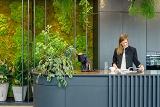 A professional woman reading a book at a modern reception desk in an innovative coworking environment, surrounded by lush greenery and hanging plants. The area features stylish gray and green decor with a tranquil, natural An image from EDGE Workspaces.